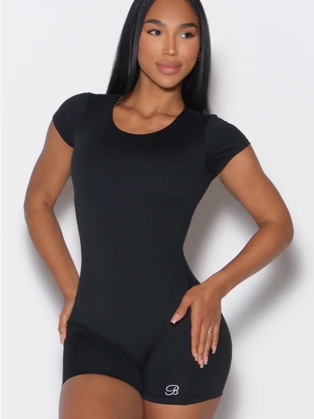 Bombshell Sportswear Black Short-Sleeve Fitted Bodysuit Romper